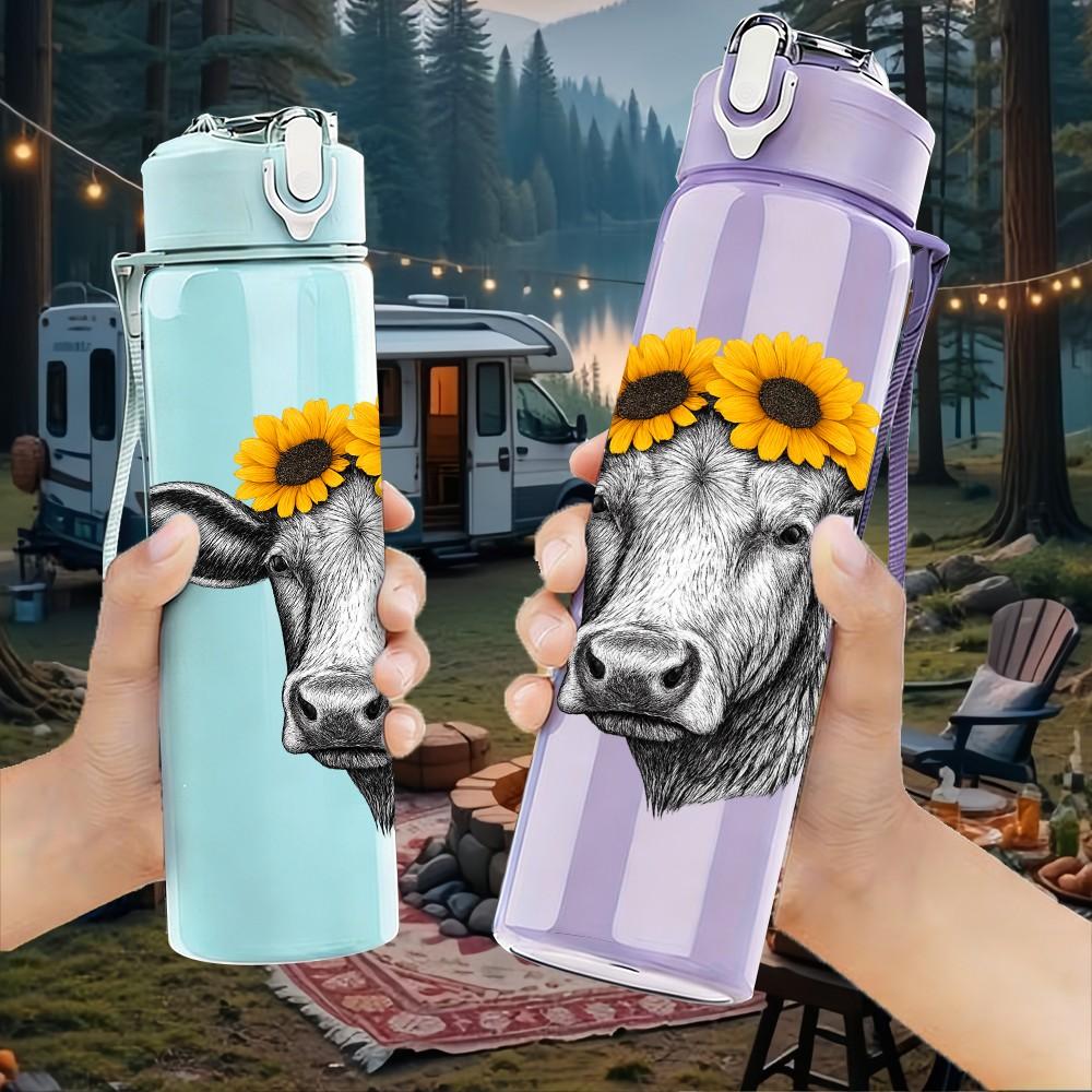 1PC Cow Head Sunflower Design 750ml Color Plastic Sports Water Bottle Leakproof Flip Straw Lid Suitable for Sports Office Home Use