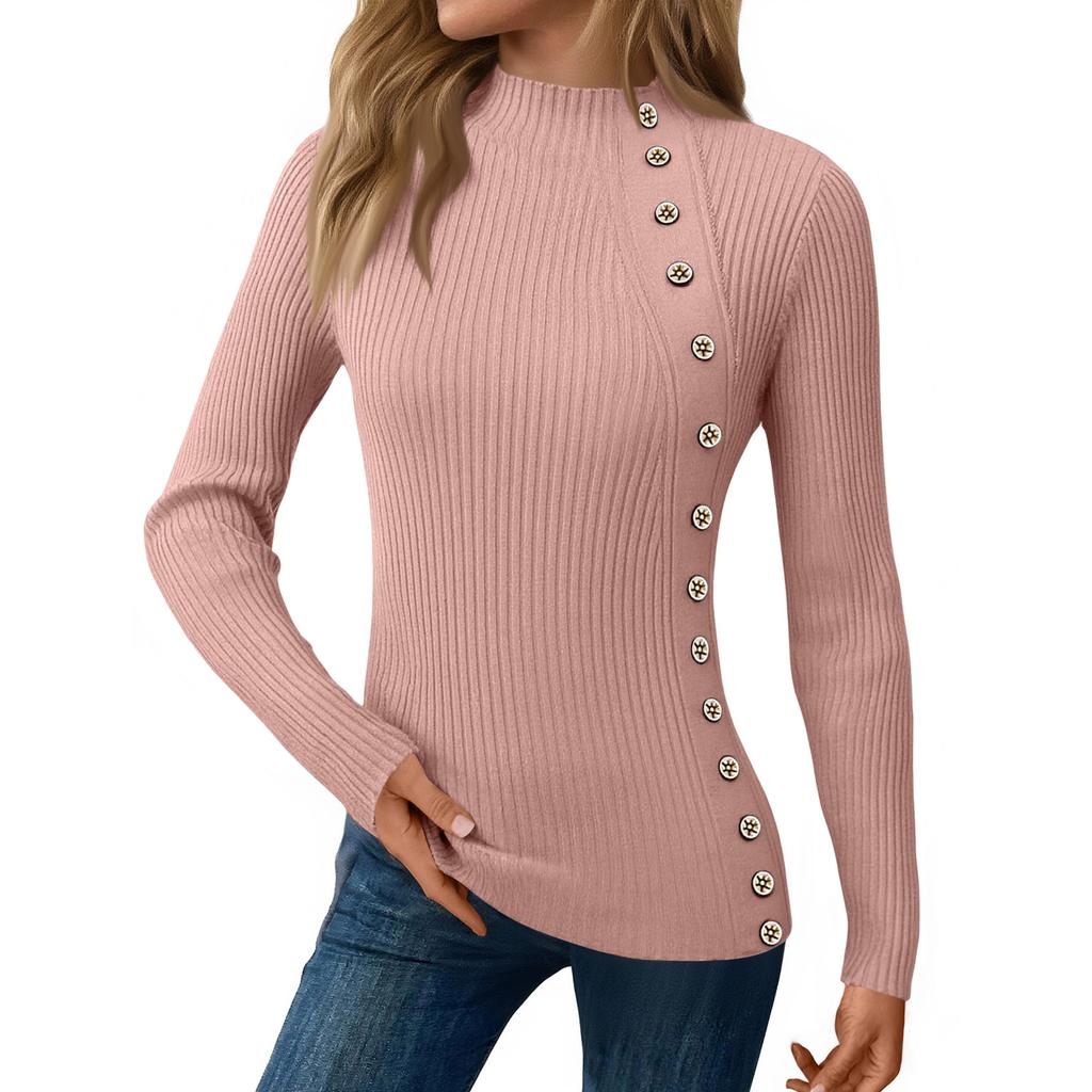 Women's Casual Solid Color Slim Button Knit Sweater Long Sleeved Base Sweater Sweater