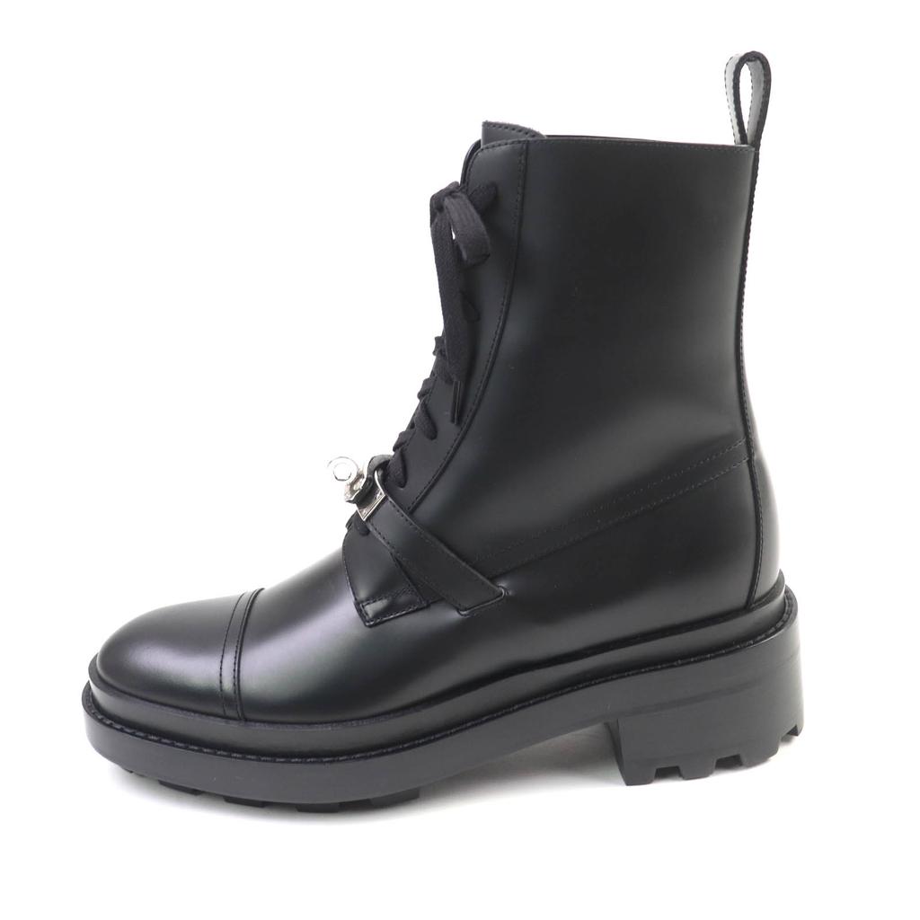 HERMES short boots funk Kelly Buckle Lace Up black leather Women 38 Used