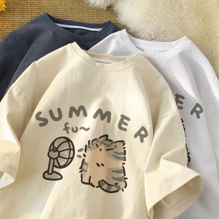 Fan Cat and Women Pure T-shirt for Men American Street Creative Blow Summer Relaxed Short Sleeve Couple Wear INS Top