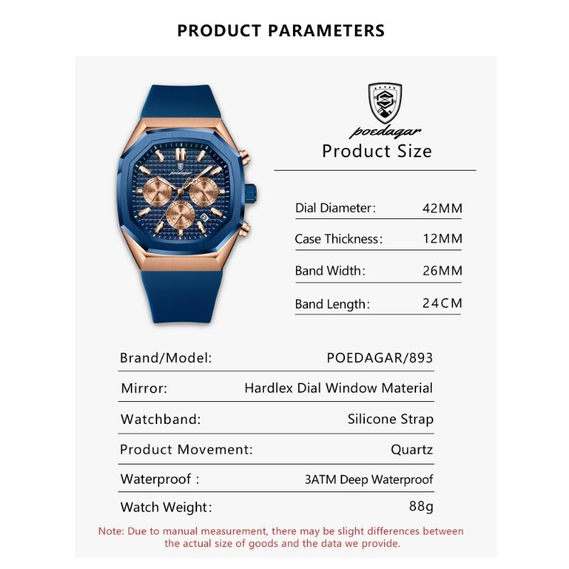 POEDAGAR Functional Watch for Men Date Chronograph Luminous Waterproof Silicone Classic Male Watch Quartz Original Watches