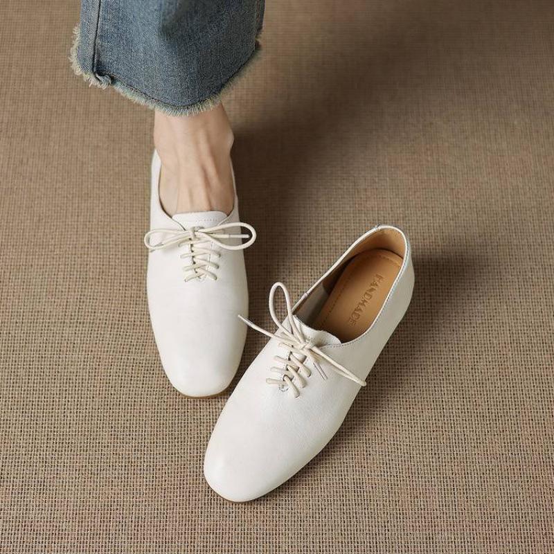 New women's leather single shoes casual solid color cowhide lace-up low-top shoes four seasons wear beef tendon soft sole lazy shoes women
