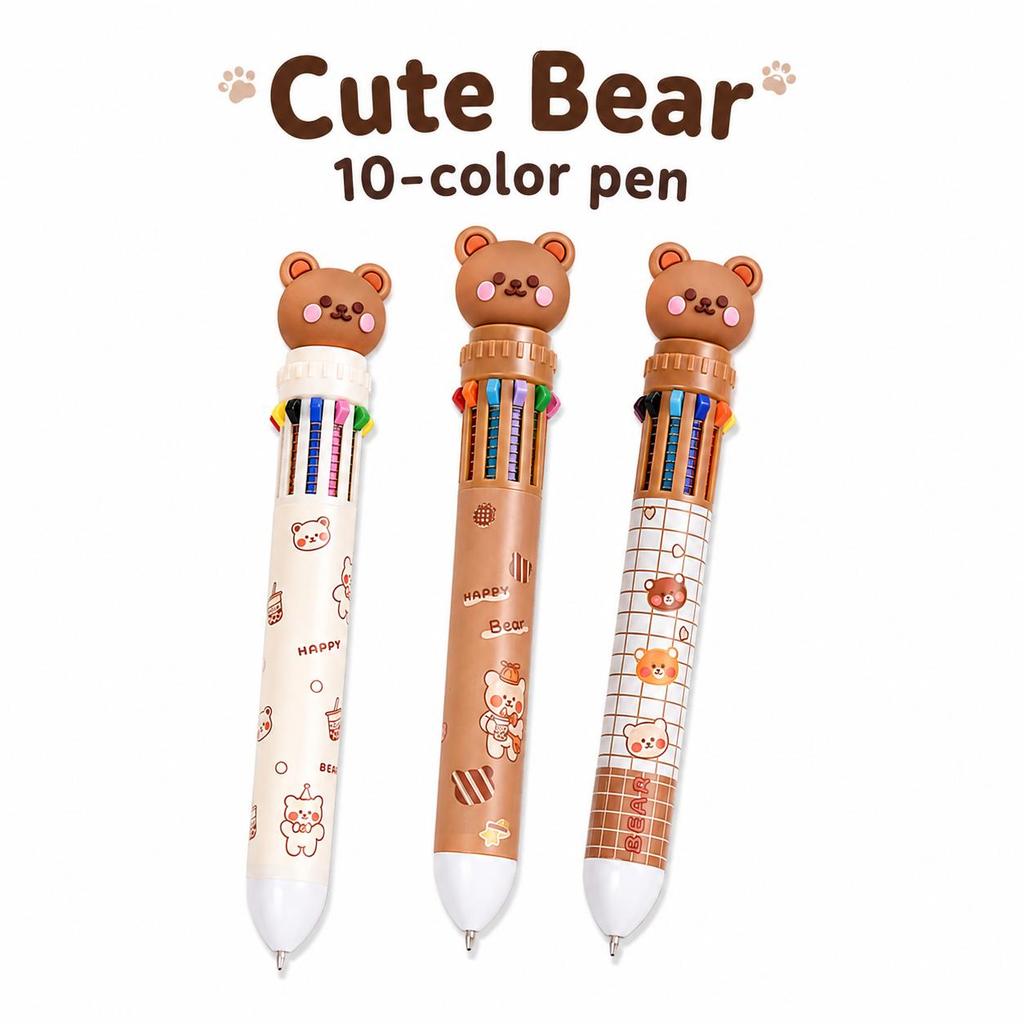 Cute Bear 10 Color Multicolor Ballpoint Pen, 0.7mm Kawaii Writing Pen for School, Journal, Planner, Office & Gifts