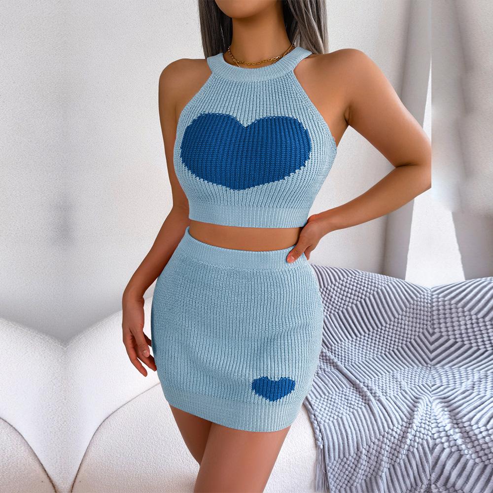 Women Spring Summer  Halter Neck  Sleeveless Heart Knitted Warp Hip Skirt Suits