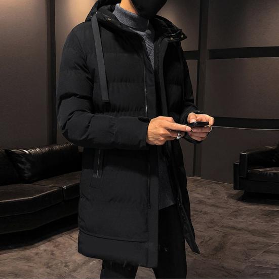 Autumn Winter Men Jacket Cotton Padded Hooded Long Sleeve Drawstring Mid-length Windbreaker for Daily Wear