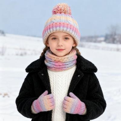 Yousheng 3Pcs/Set Kid Hat Scarf Gloves Set Rainbow Color Plush Ball Decor Knitted Hat Windproof Scarf Gloves Set Winter Accessories