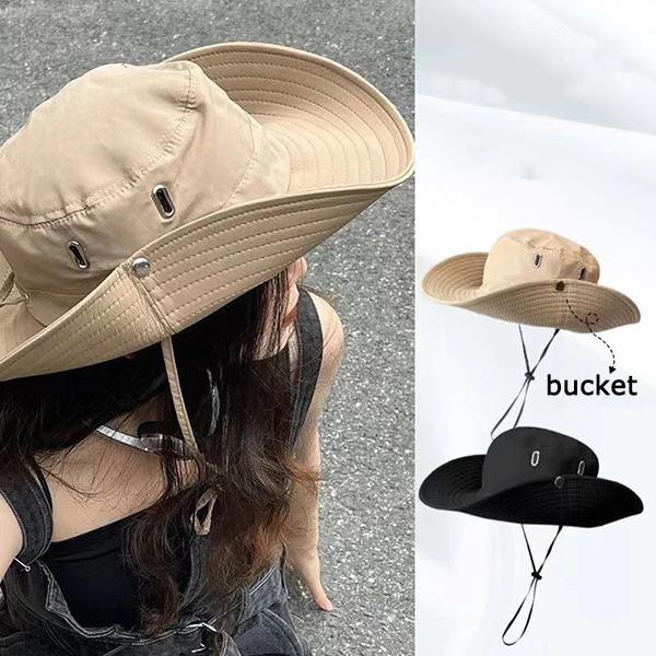 WTEMPO Solid Color Windbreak Rope Sun Hats Couple Spring Summer Hiking Breathable Hats Outdoor Fishing Travel Cowboy Bucket Sun Hats