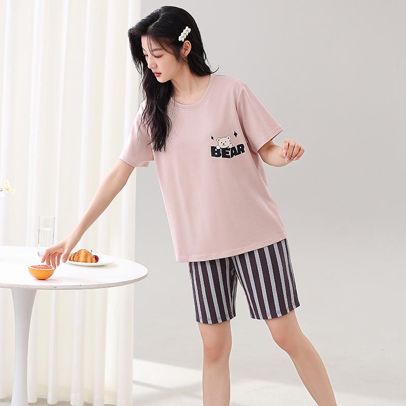 Couple's Summer Cotton Pajama Set: Cute Short Sleeve & Shorts for Women, Wear-Outside Style for Men.
