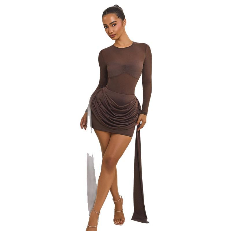European & American Solid Color Mesh Ribbon Splice Sexy Slim-Fit Hip-Hugging Long Sleeve Dress