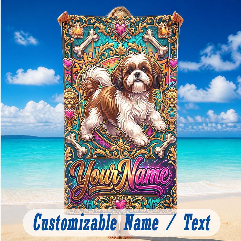 Dog Theme Beach Towel Personalized Custom Name & Text Soft Quick Dry Beach Towel for Swimming Travel