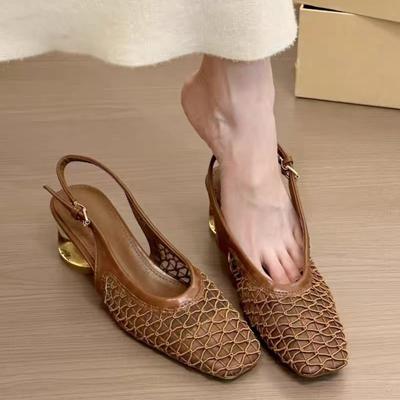 Baotou Sandals Spring New Style Square Head Mesh Cloth Breathable Line with Anti-slip Wear-resistant Heel Shoes