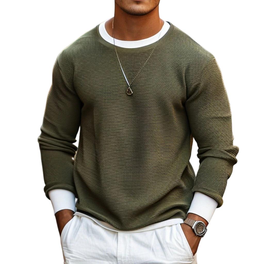 Men's Casual Colorblock Round Neck Pullover Fake Two-piece Long-sleeved Top