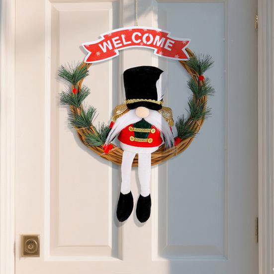 Christmas Gnome Wreath 13 Inch Artificial Vine Wreath with Soldier Gnome Front Door Welcome Sign for Indoor Outdoor Xmas Home Porch Decor