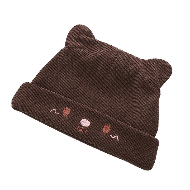 Cartoon Stack Hat Female Autumn and Winter New Pullover Hat Bear Embroidery Cute Thermal Ear Hat Student with Ears