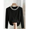 New Style Pearl Round-neck Knitted Base Top for Women - Spring-autumn Plaid Fitted Long-sleeved Elegant Top