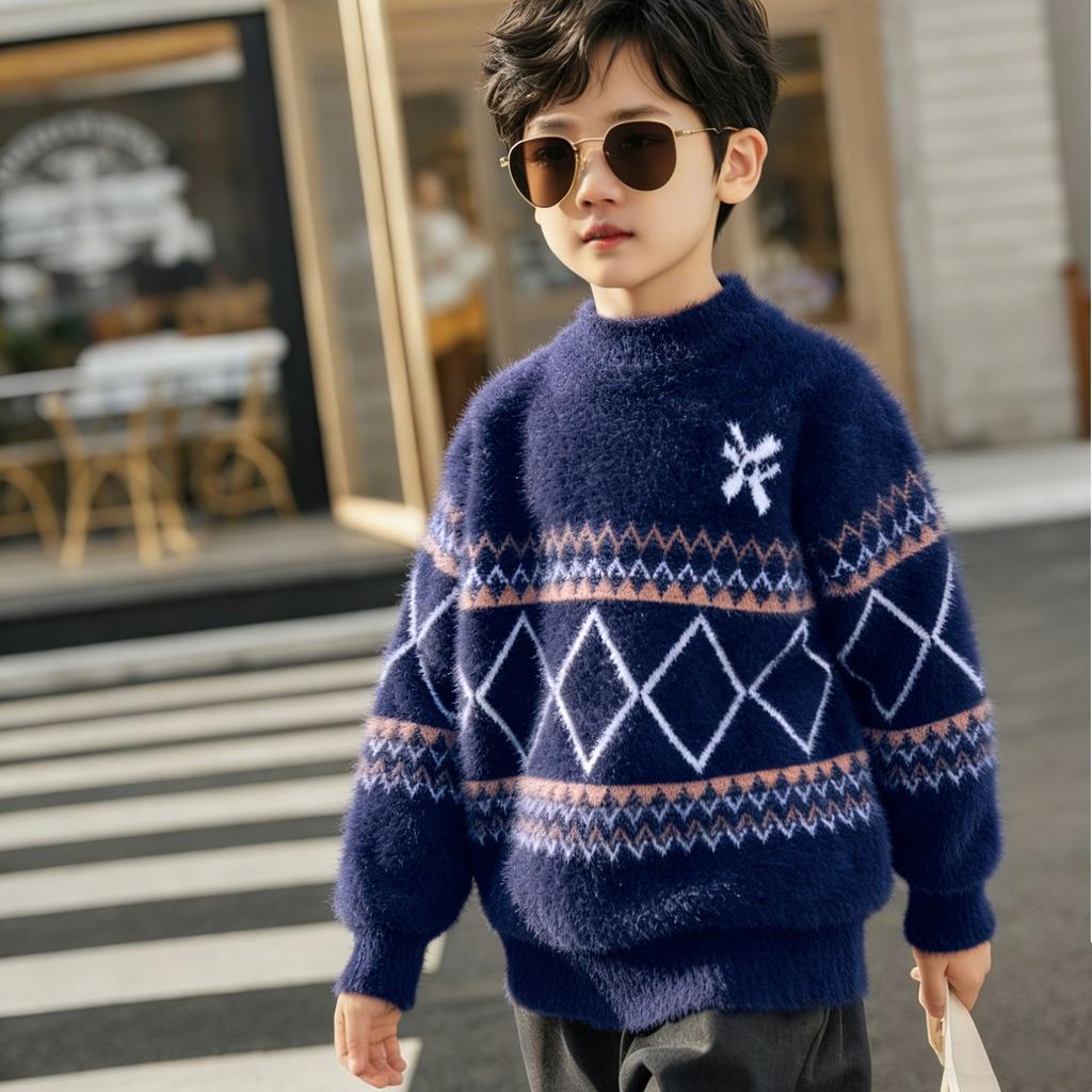 Boys' Warm Non-slip Sweater - Winter Children's Fashionable Plush Knitted Jersey