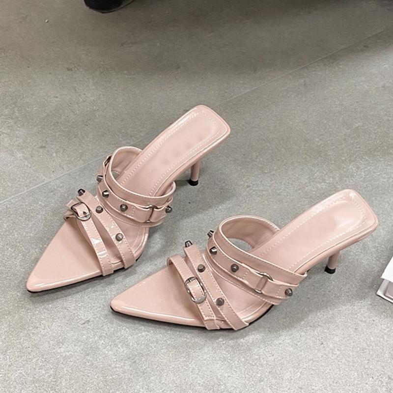 

Мода Liyke Женские Дизайнерские Металлические Клепки Узкий Ремешок Острый Носок Низкий Тонкий Каблук Шлепанцы Сандалии Летние Вечерние Туфли Мюли Слайды 35 розовый
