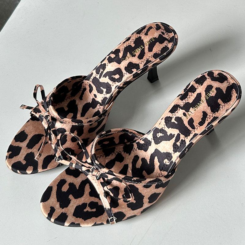 Fashion Fashion Leopard Print Ladies Pumps Slides Thin Heels Shoes 2024 New Female Butterfly-Knot Peep Toe Footwear Women Heels Shoes
