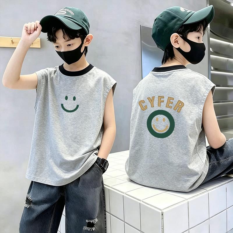 Boys' Color Block Cotton Vest T-Shirt - Summer 2026 Casual Sleeveless Top for Medium & Large Sizes