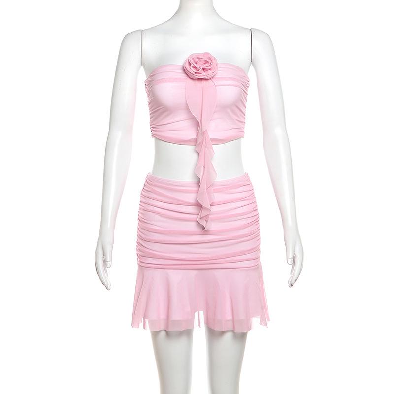 Mesh Folds Skirt 2 Piece Sets Women Summer Slim Backless Flower Patchwork Tube Tops Hot Girls Beach Sexy Bodycon High Waist Vacation Skirts Sets