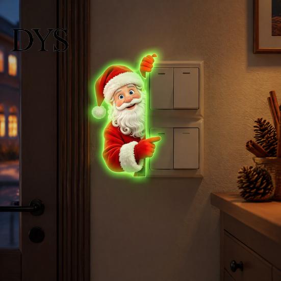 Nighttime Guidance Holiday Ornaments Glow in The Dark Santa Claus Switch Sticker, Decorative PVC Luminous Wall Decal for Christmas Removable Seasonal