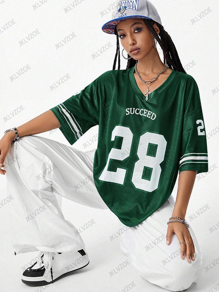 2025 Summer New Blue Succeed Print T-Shirt For Women V-Neck Short Sleeve Sports Football Jersey Y2K Casual Loose Oversized Tops