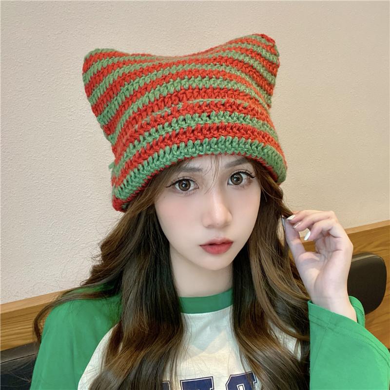 Little Devil Striped Knitted Wool Hat Female Cute Cat Ears Pointed Hat Pullover Ear Cap