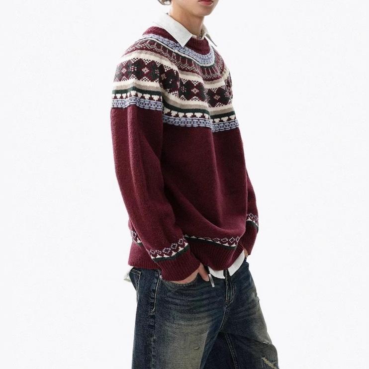 Trendy American Fair Isle Round Neck Sweater - Cozy Autumn/Winter Casual Knit for Couples