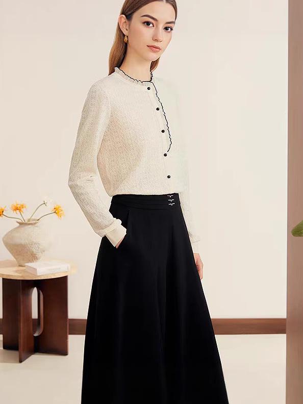 2025 Autumn High-End Ladies Knit Sweater with Ruffle Trim Long Sleeves