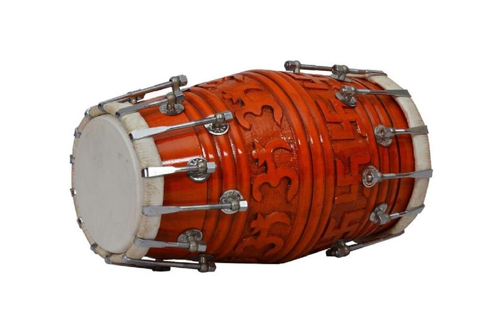 Traditional Wooden Dholak with Om & Swastik Carved Design – Nut & Bolt Tuning | Handcrafted Indian Musical Instrument