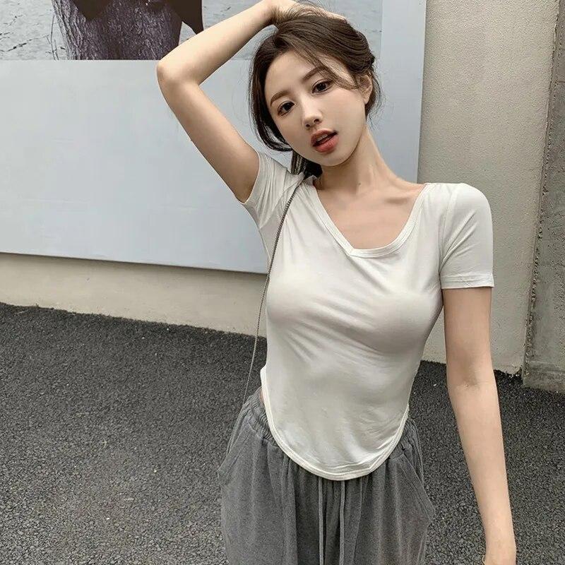 Women V-Neck Basic T-Shirt Breathable Ladies Summer Short Sleeve Korean Style Bottoming T-Shirts