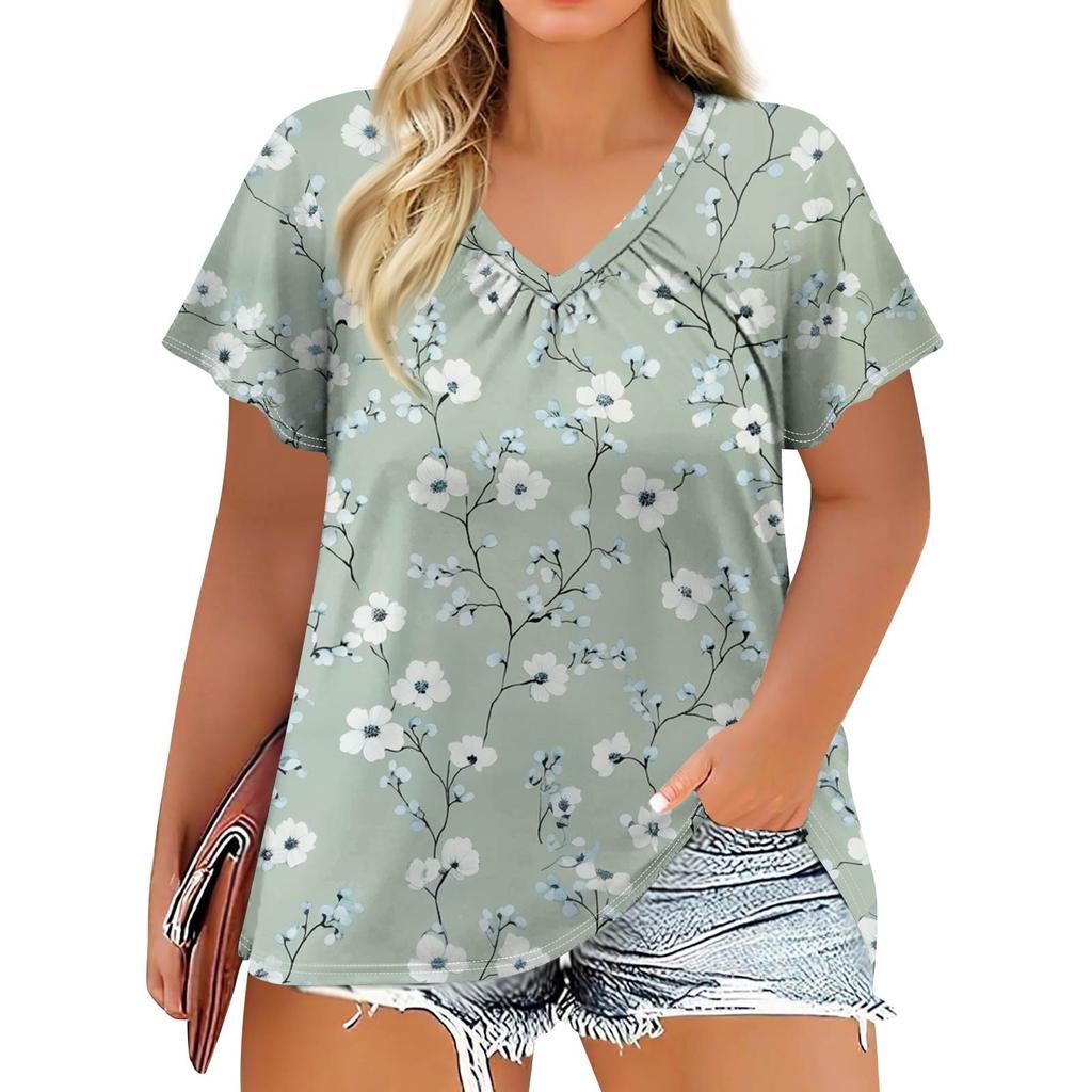 Women's Fashion Casual Printed  V-Neck Short Sleeve Large Size T-Shirt Top