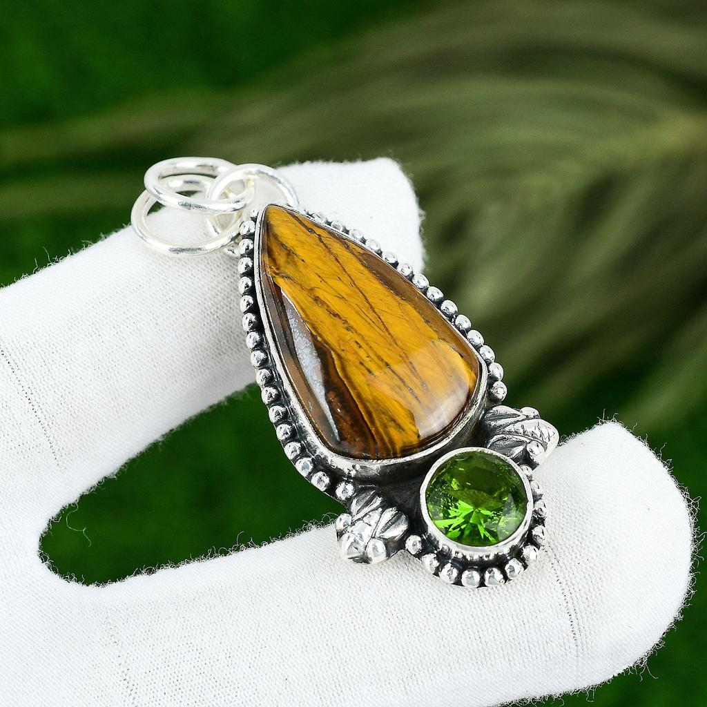 Pear Natural Tiger Eye Peridot Sister Engagement Pendant Jewelry Sterling Silver