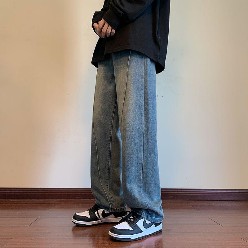 Stitching Straight Trousers Autumn Winter New Vintage Denim Pants Men's Clothing High Street American Loose Jeans