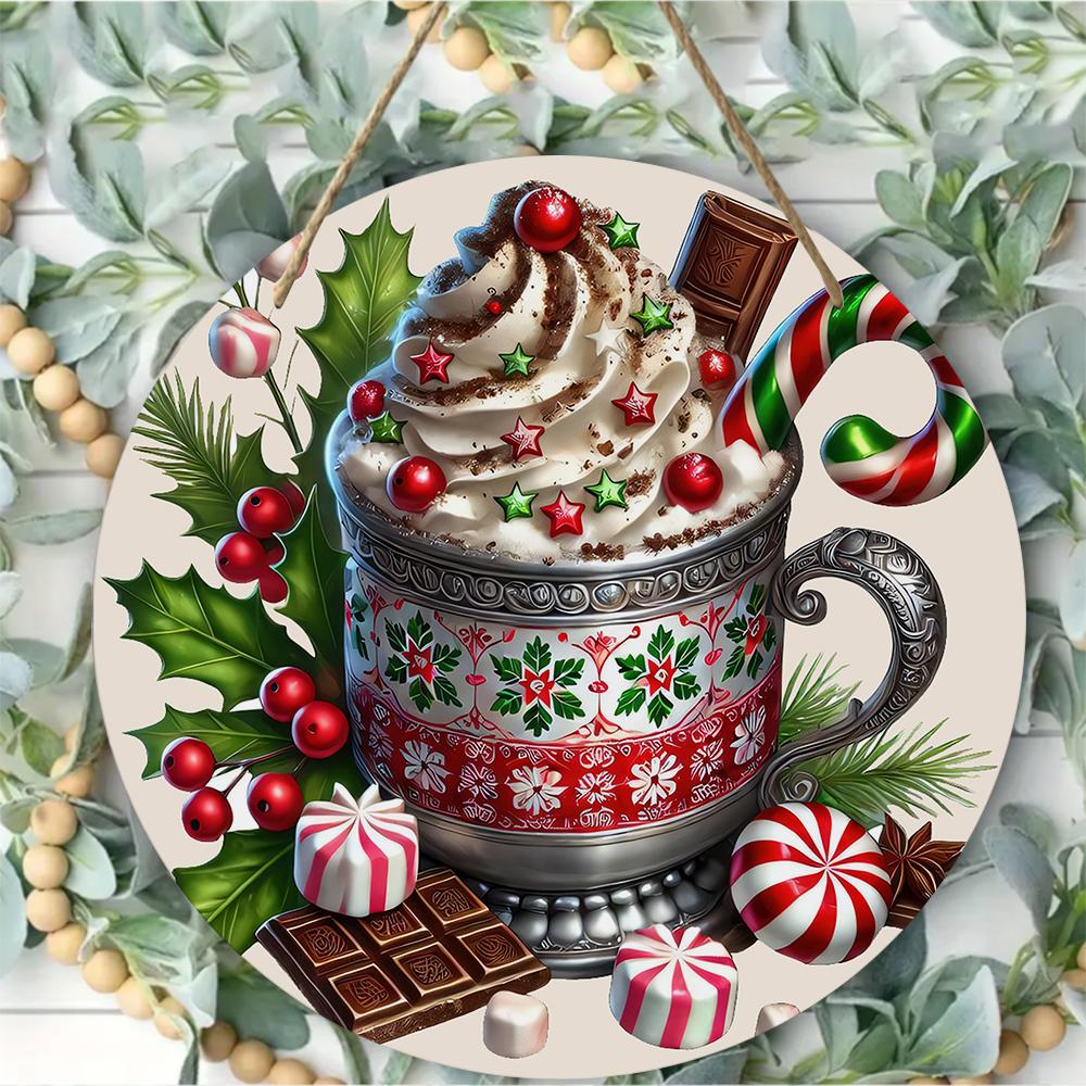 Festive hot cocoa theme holiday sign Round Wooden Hanging Plaque home wall decor vintage Christmas kitchen ornament party gift supplies