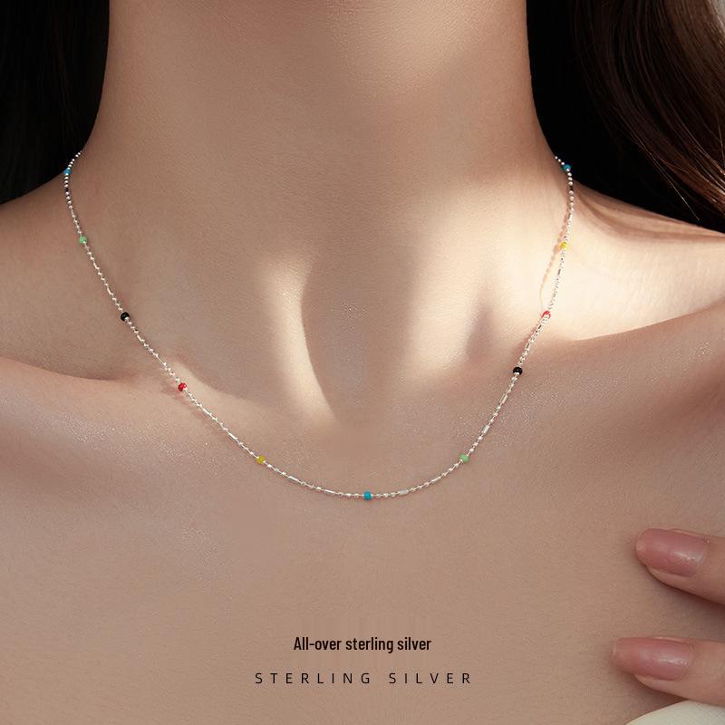 Cui Yan S925 Sterling Silver Korean Style Summer Dopamine Necklace for Women - Rainbow Bead Layered Clavicle Chain