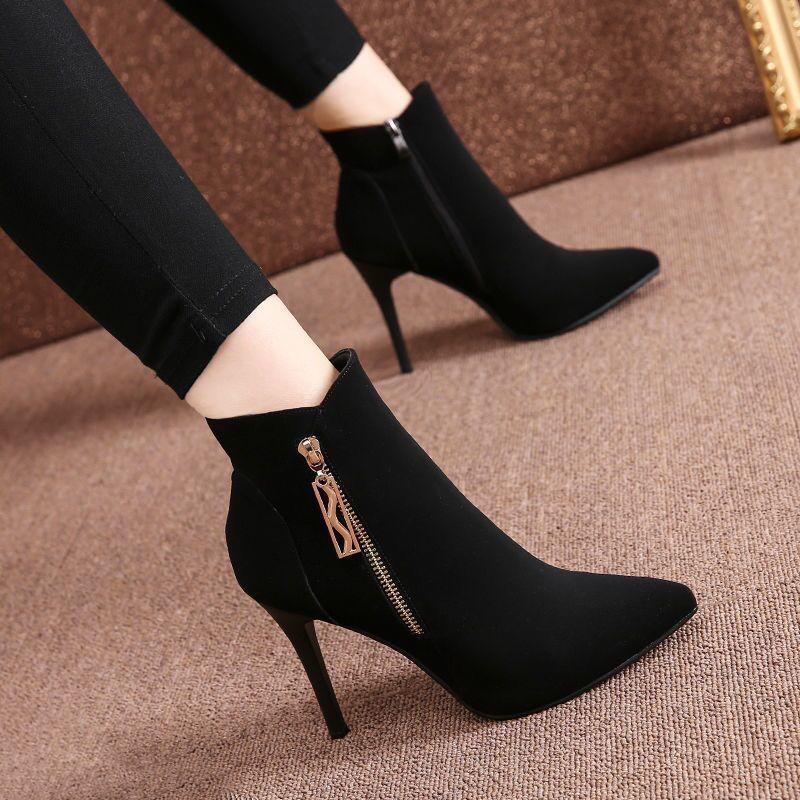 Fashion Sexy Black Suede Ankle Boots for Women Very High Heels Pole Woman Short Shoes Footwear Trend 2025 On Offer Y2k New In Pu Booties