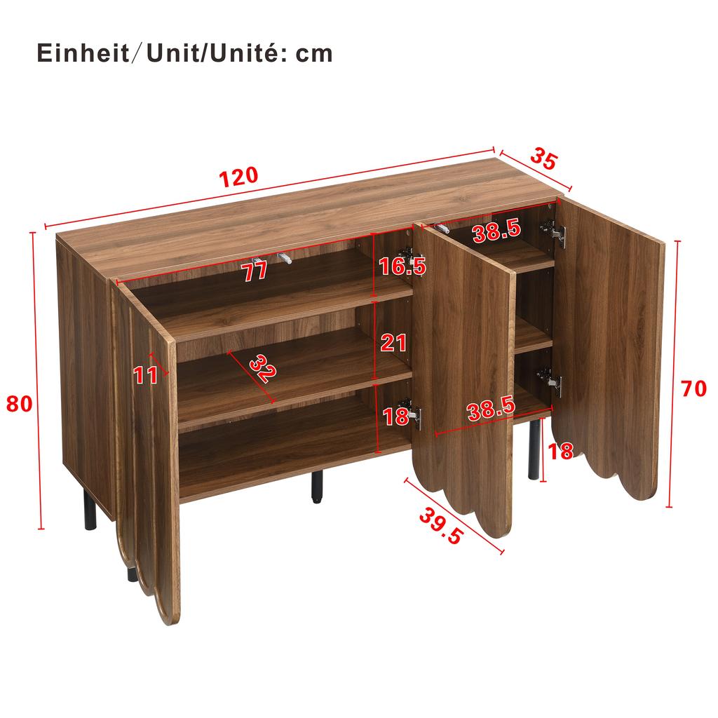 Modern wood-colored sideboard with wave doors – 120x35x80 cm – handleless, adjustable shelves – storage space for living room, hallway & dining room