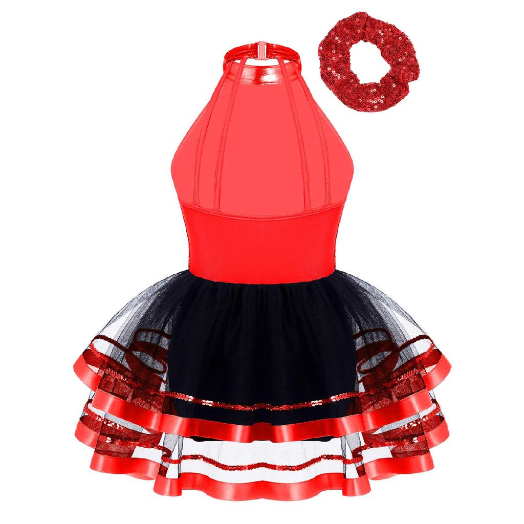 Girls Tutu Dance Costume Set: Sparkling Sequin Halter Dress with Hair Tie Headband for Halloween & Stage