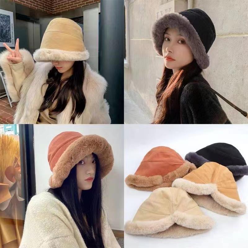 Winter Plush Hat Women's Plush Thickened Lamb Wool Bucket Hat Warm Ear Protection Cold Basin Hat Mongolia Hat