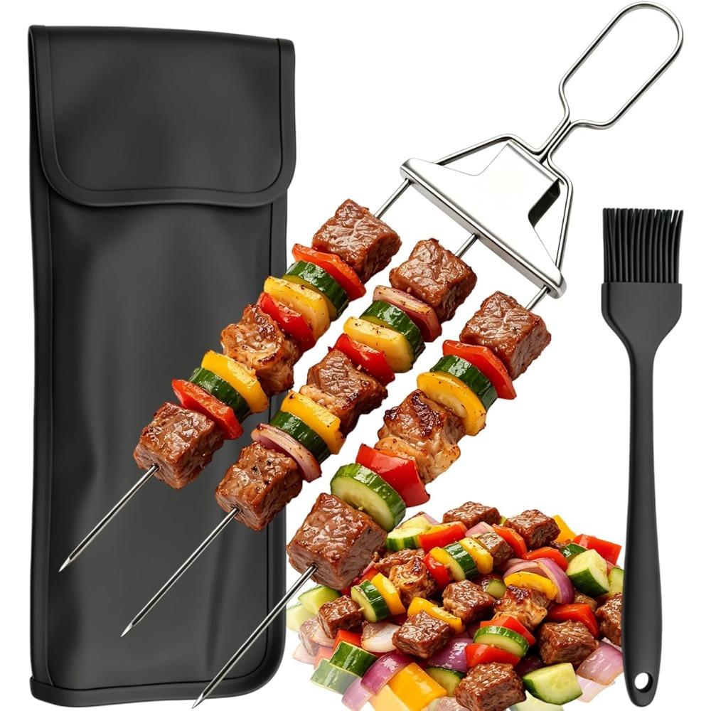 3 Way Grill Skewers for Grilling, 3 Prong Skewers for Grilling, Stainless Steel BBQ Skewers with Push-Off Slider, Triple Skewers for Grill, BBQ Forks