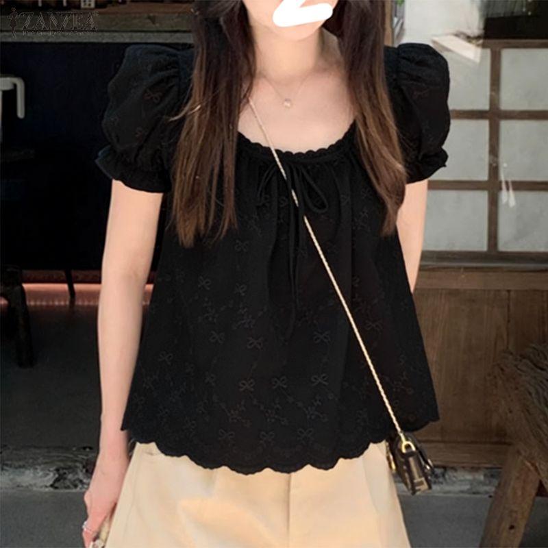 ZANZEA Damen Lässige Runde Halslinie Lockere Sommer Kurzarm Bluse