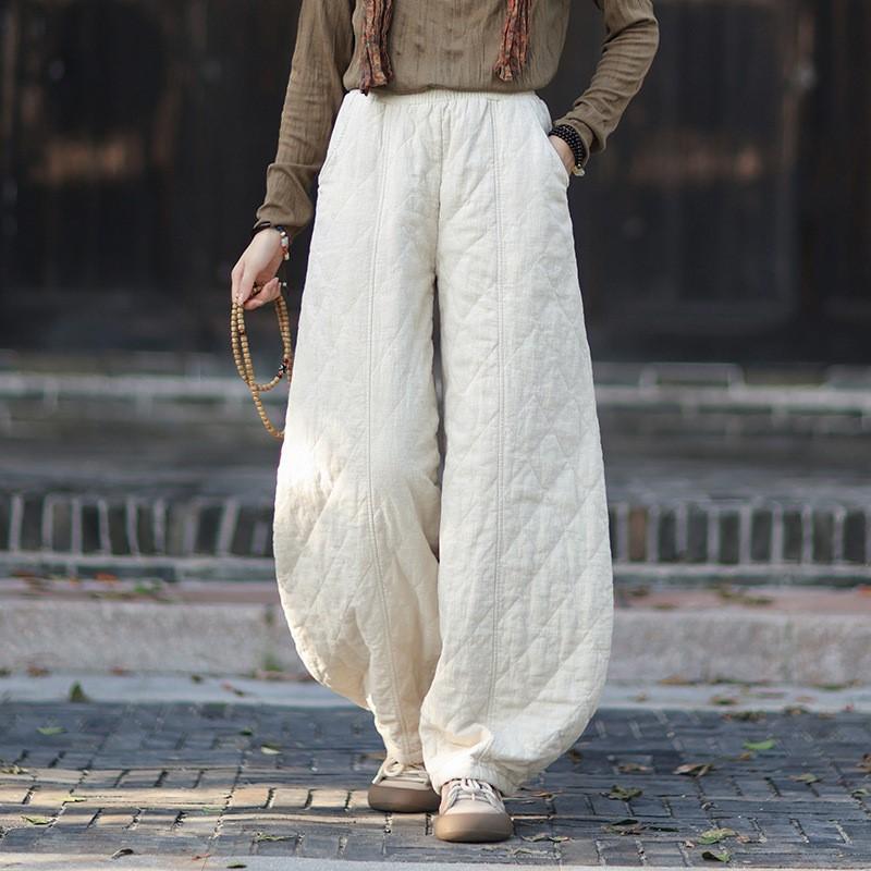 Johnature Women Vintage Bloomers Pants Winter Elastic Waist Solid Color Trousers Warm Loose Pants