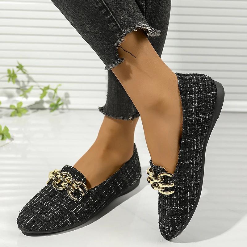 

Fashion Elegant Women s Slip On Flats with Metal Chain Decor Soft Sole Comfortable Work Shoes Woman Lightweight Casual Black Loafers 36