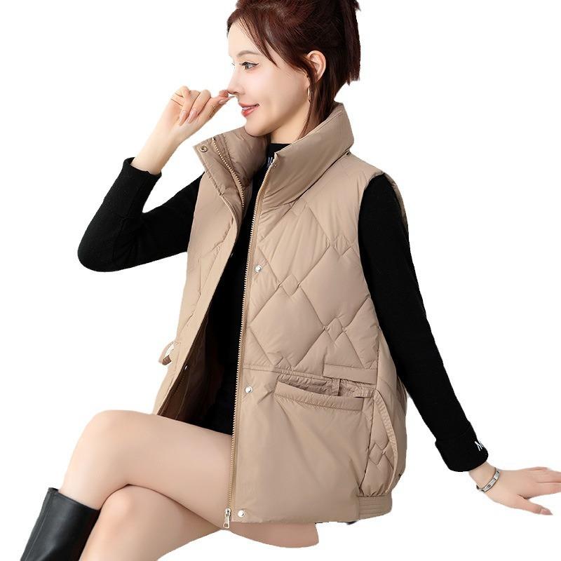 Fresh and fashionable down cotton vest women's autumn and winter rhombus stand-up collar sleeveless vest cotton vest trendy jacket