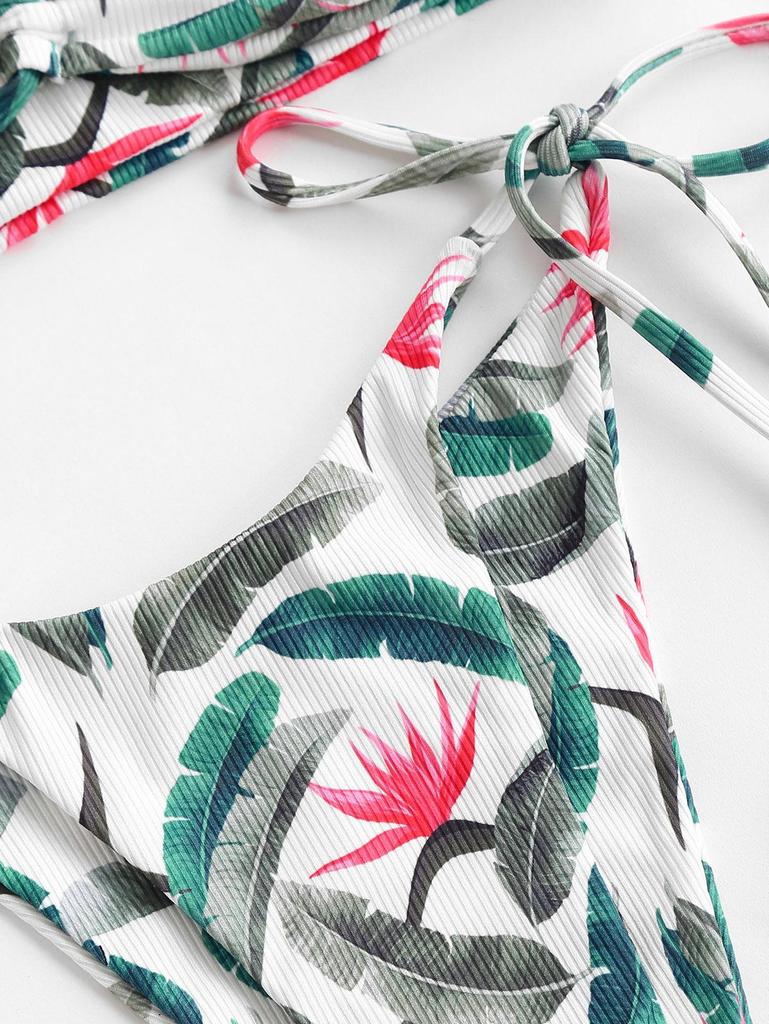 ZAFUL Crossover Halter Ribbed Palm Leaf Print Thong Bikini Swimwear