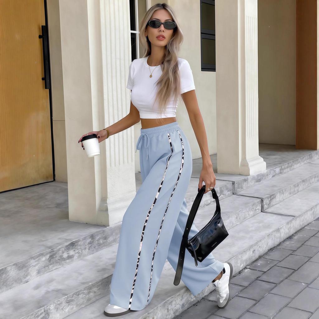 2025 European and American Women's Leopard Print Lace-Up Wide-Leg Casual Pants for Autumn.