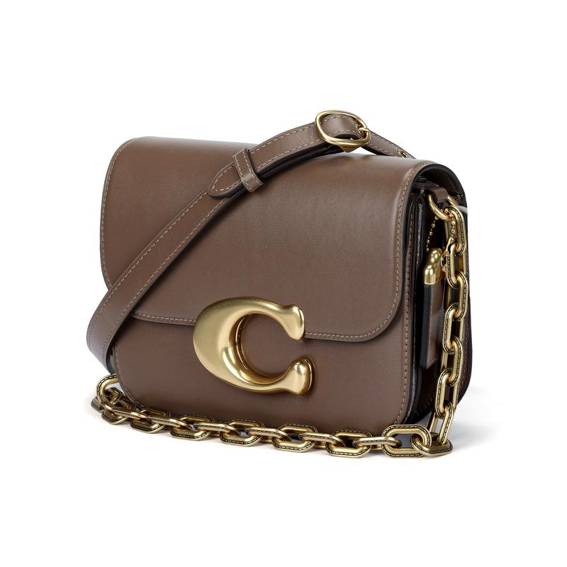 Coach IDOL 21 Gold Logo Logo Chain Magnetic Buckle Closure Flap Cow Leather Messenger Bag Hand Shoulder Bag Small Size Women's Dark Stone Gray