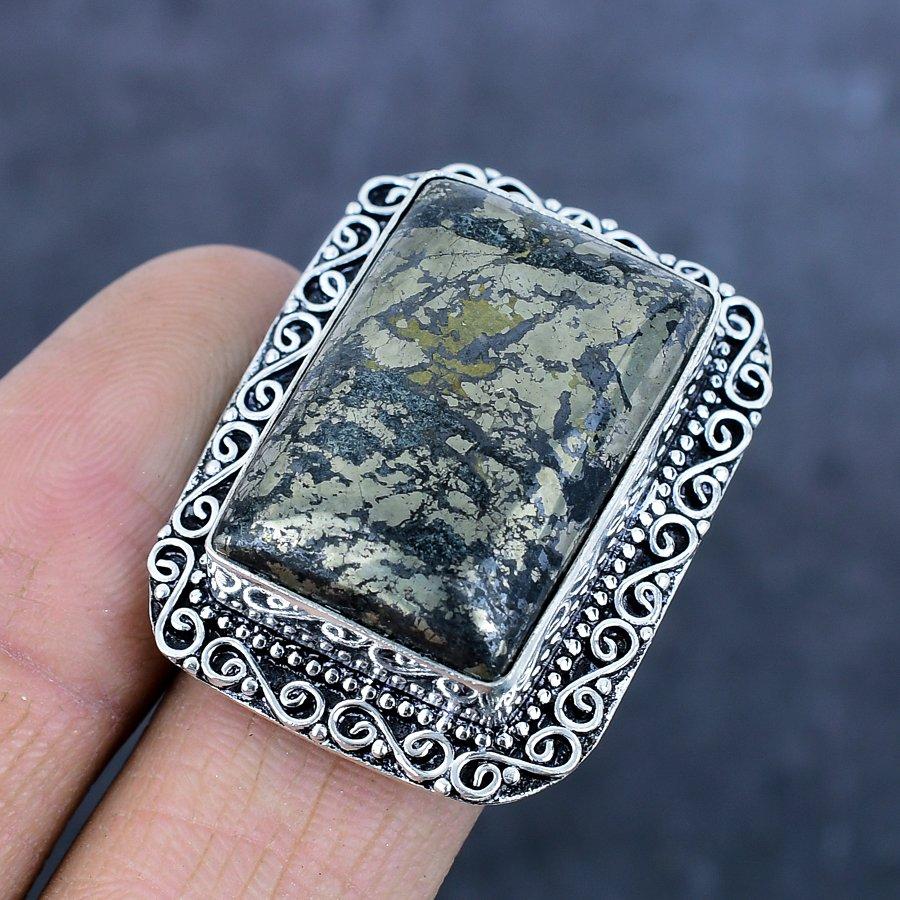 Natürlicher Pyrit Achat Edelstein 925 Sterlingsilber Schmuck Ring Größe 8 m2U72