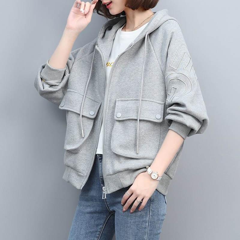 Hooded Coat for Women Cotton Loose Versatile Solid Color Casual Zipper Cardigan Tops